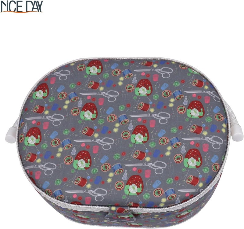 Nice Day Sewing Basket, Classic Fabric Design Sewing Kit Accessories Large Sewing Box Sewing Supplies Organizer and Storage Portable Sewing Kit Embroidery Box 14.6 x 10.6 x 6.7 in (Large/Oval Grey) - Image 4